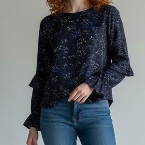 💥 Sanctuary Blue Black Star Print Blouse Bell Sleeves Flowy Top Celestial Galaxy